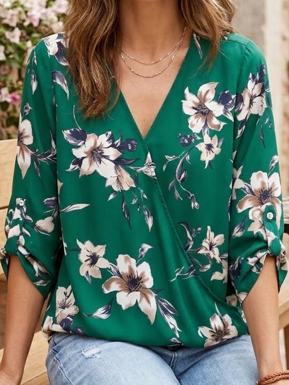 West Kei Emerald Green Floral Wrap Blouse Large 3/4 Roll Tab Sleeve Surplice Top